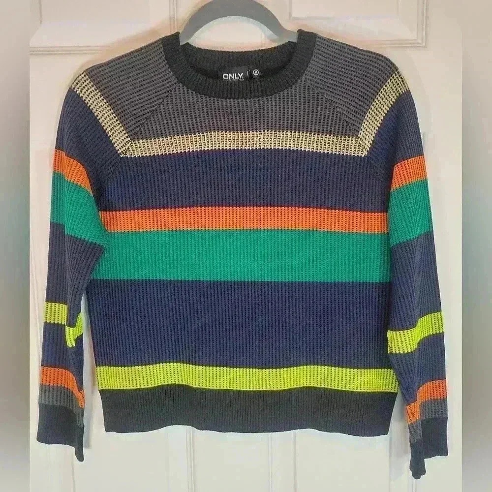 ONLY True‎ Streetwear Multi Color Striped Waffle Knit Sweater Metallic Gold M